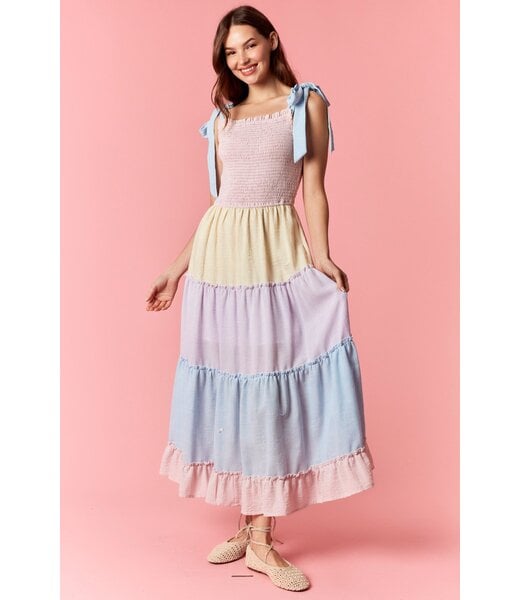 Peach Love California Sunnie Pastel Colorblock Linen Maxi Dress