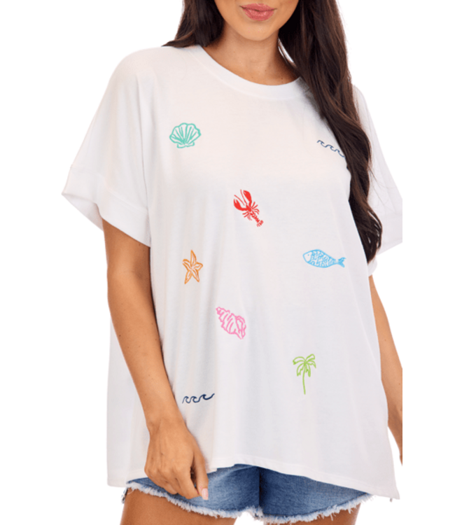 Lala White Beach Embroidered Top