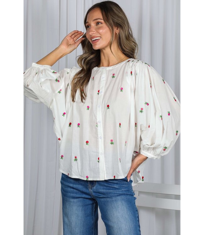 Carin White Floral Embroidered Blouse