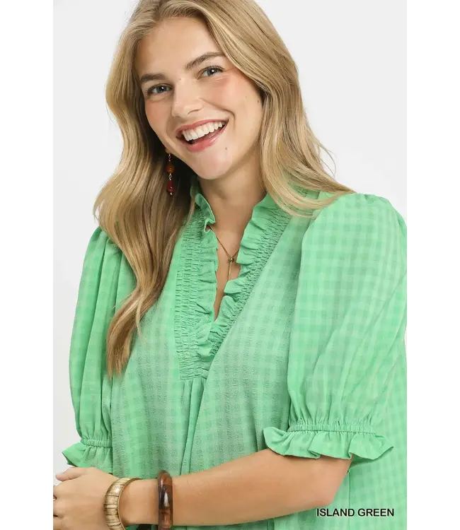 Marty Island Green Gingham Top