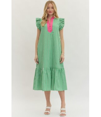 Entro Michelle Green Gingham Midi Dress