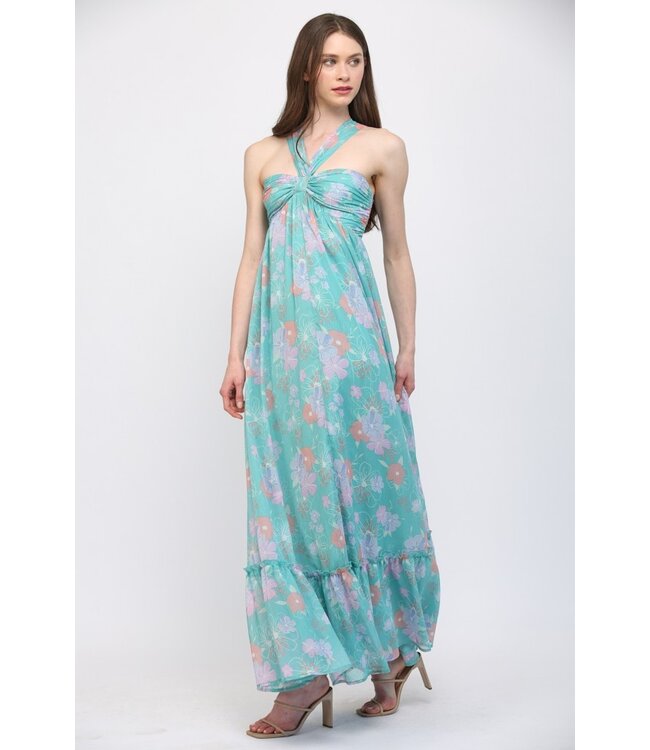 Cassy Turquoise Floral Halter Maxi Dress