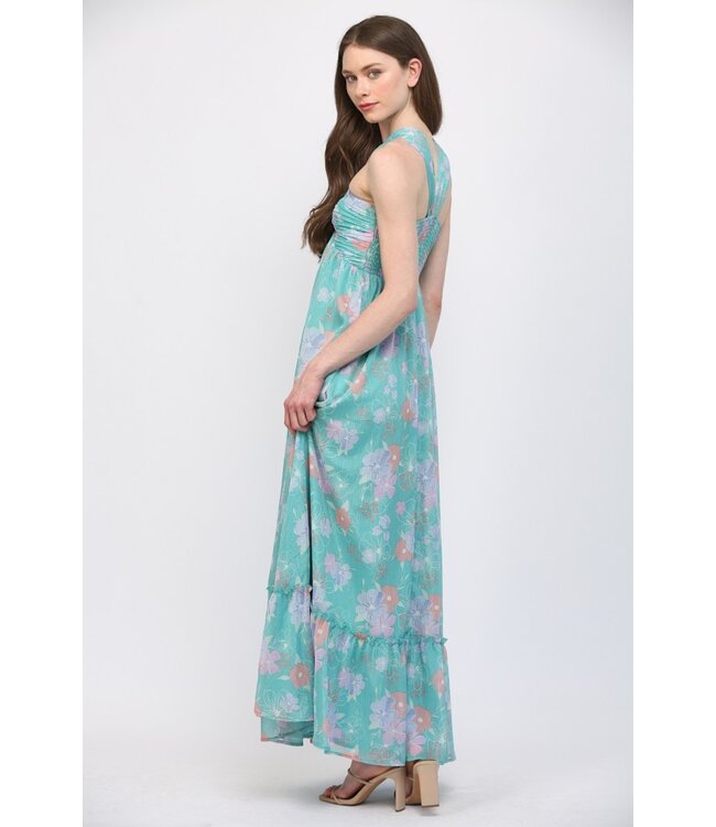 Cassy Turquoise Floral Halter Maxi Dress