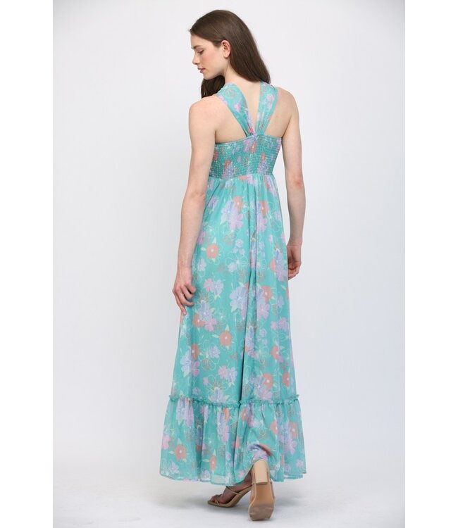 Cassy Turquoise Floral Halter Maxi Dress