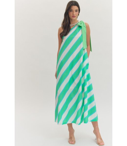 Entro Annie Mint Striped One-Shoulder Midi Dress