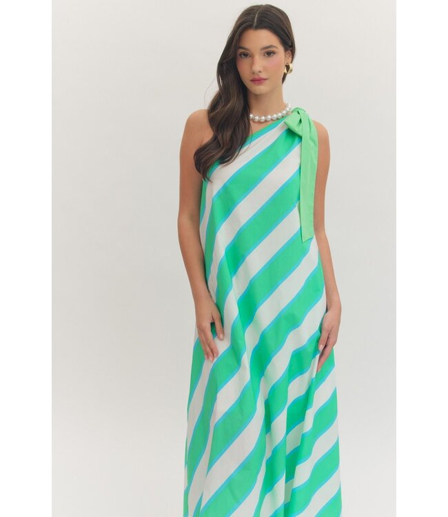 Annie Mint Striped One-Shoulder Midi Dress