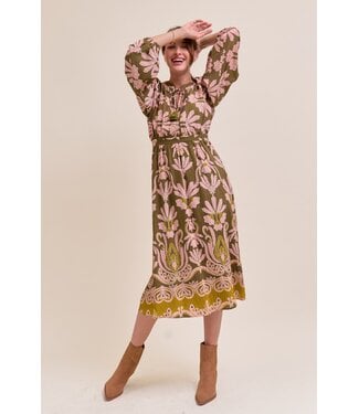 Merci Gail Olive Green Floral Midi Dress