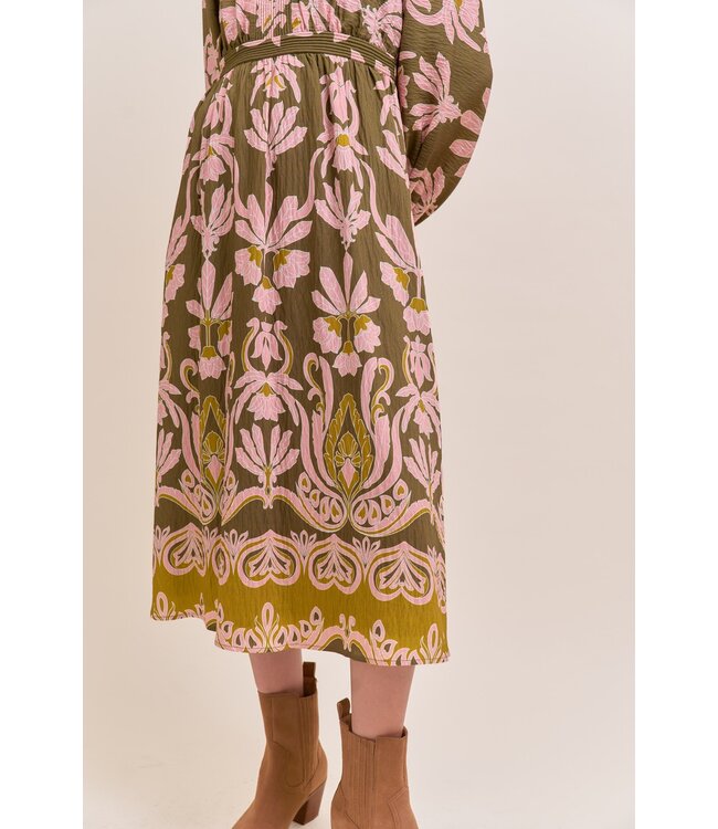 Gail Olive Green Floral Midi Dress