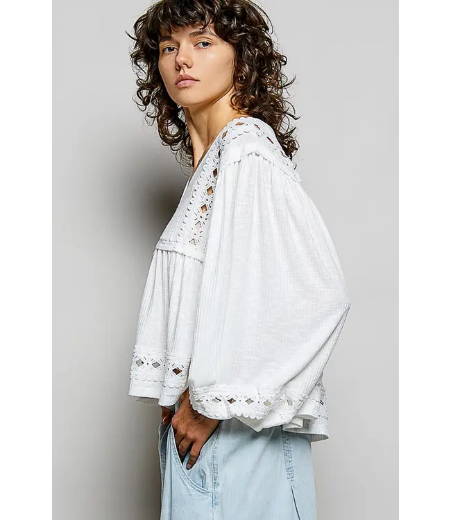 Iris White Floral Shirring Knit Top