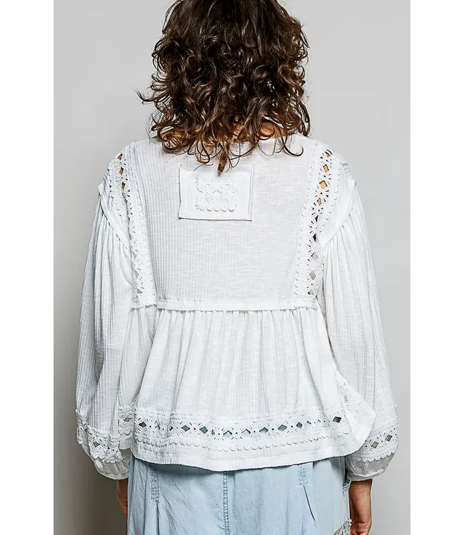Iris White Floral Shirring Knit Top