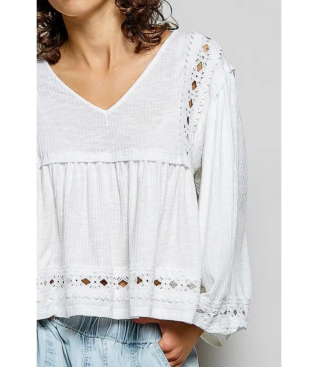 Iris White Floral Shirring Knit Top
