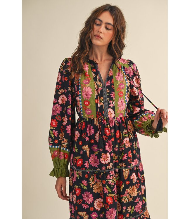 Autumn Black Floral Midi Dress