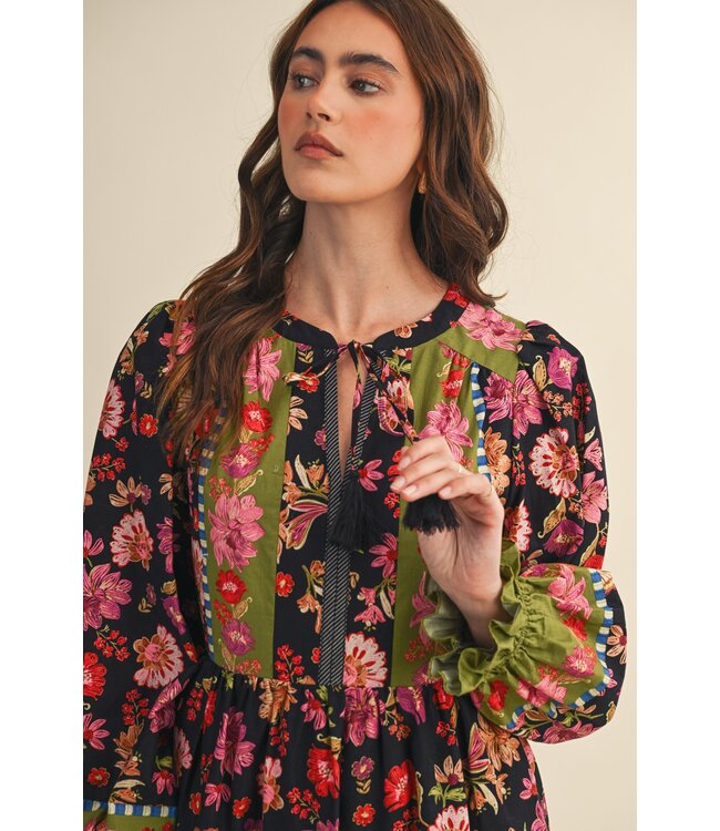 Autumn Black Floral Midi Dress