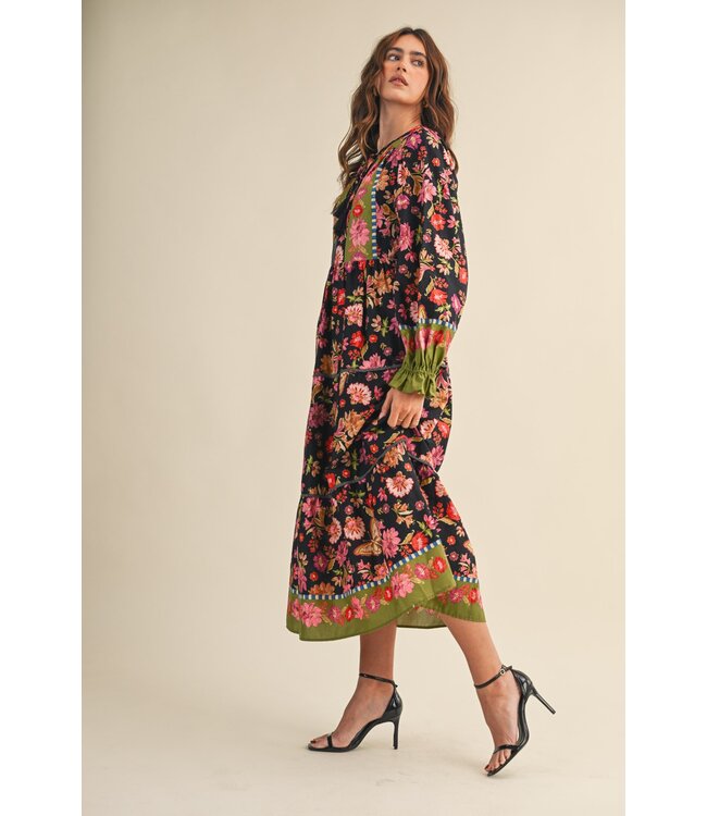 Autumn Black Floral Midi Dress