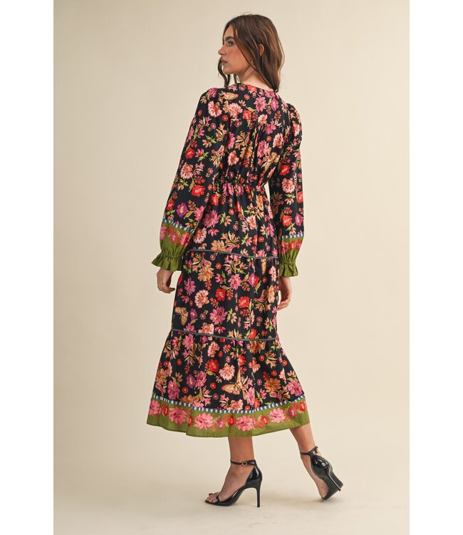 Autumn Black Floral Midi Dress