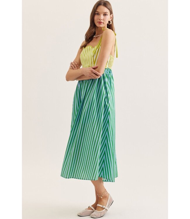 Jan Kiwi Green Striped Midi Dress