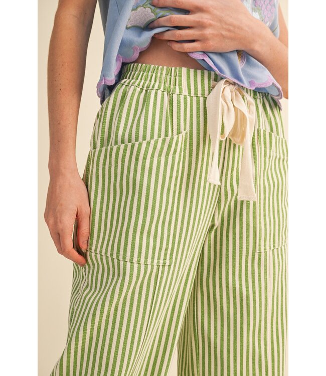 Carmine Sage Striped Wide Leg Drawstring Pants