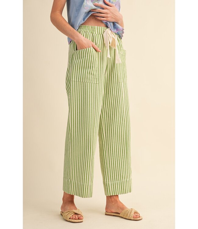 Carmine Sage Striped Wide Leg Drawstring Pants