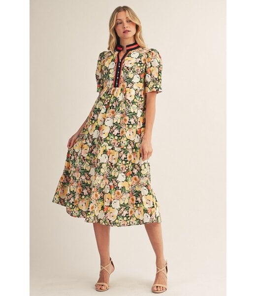 Jodifl Paige Black Floral Tiered Midi Dress