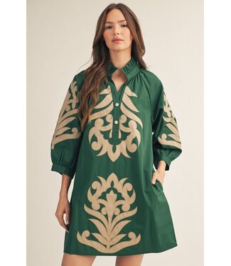 Jodifl Carol Hunter Green Baroque Floral Applique Shift Dress