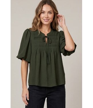 SHE + SKY Justine Olive Pintuck Top