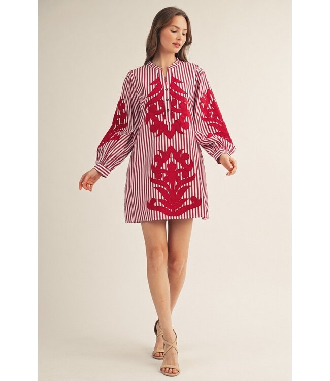 Morgan Burgundy  Baroque Applique Striped Dress