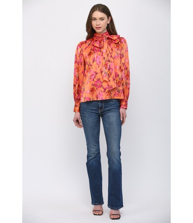 Kensie Orange Abstract Satin Top