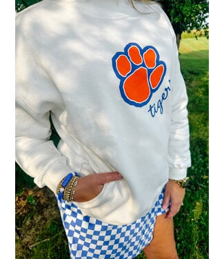 Blue Cotton Tigers Paw Print White Sweatshirt