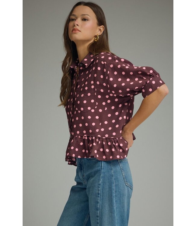 Callie Wine Polka Dot Top