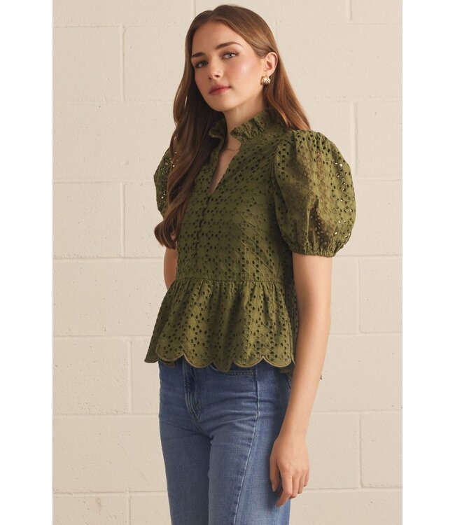 Connor Olive Eyelet Top