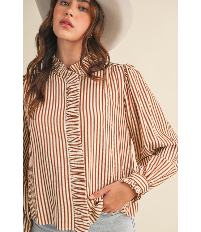Amy Pecan Striped Ruffled Top