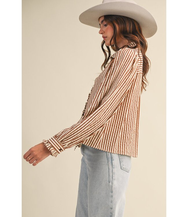 Amy Pecan Striped Ruffled Top