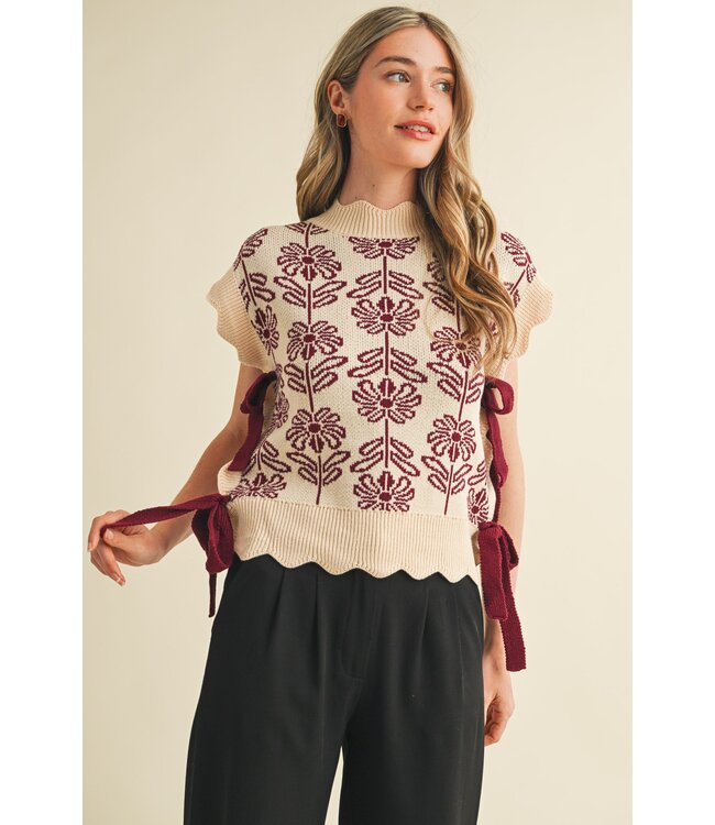 Shelly Mauve Wine Scallop Floral Sweater Vest