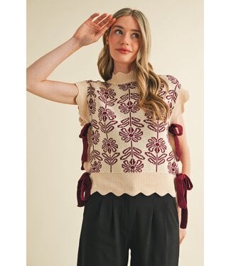 Merci Shelly Mauve Wine Scallop Floral Sweater Vest