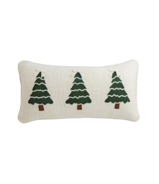 Christmas Trees Crewel Embroidered White Pillow