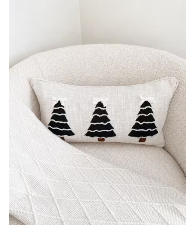 Christmas Trees Crewel Embroidered White Pillow