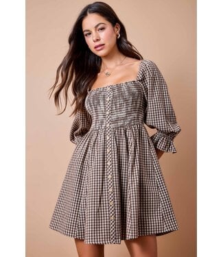 Day+Moon Coleen Brown Gingham Plaid Smocked Dress