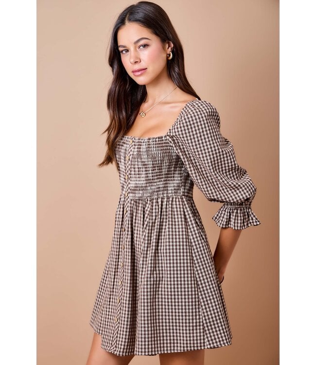 Coleen Brown Gingham Plaid Smocked Dress