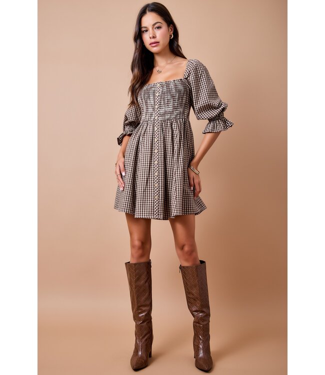Coleen Brown Gingham Plaid Smocked Dress