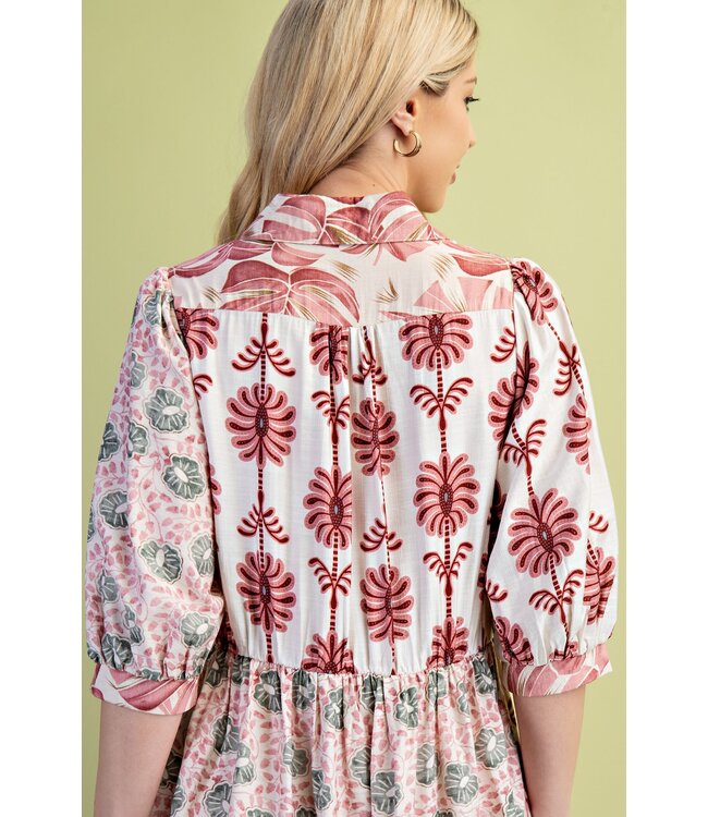 Sarah Pink Mixed Print Midi Dress