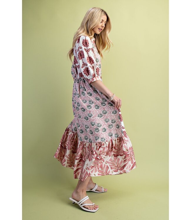 Sarah Pink Mixed Print Midi Dress