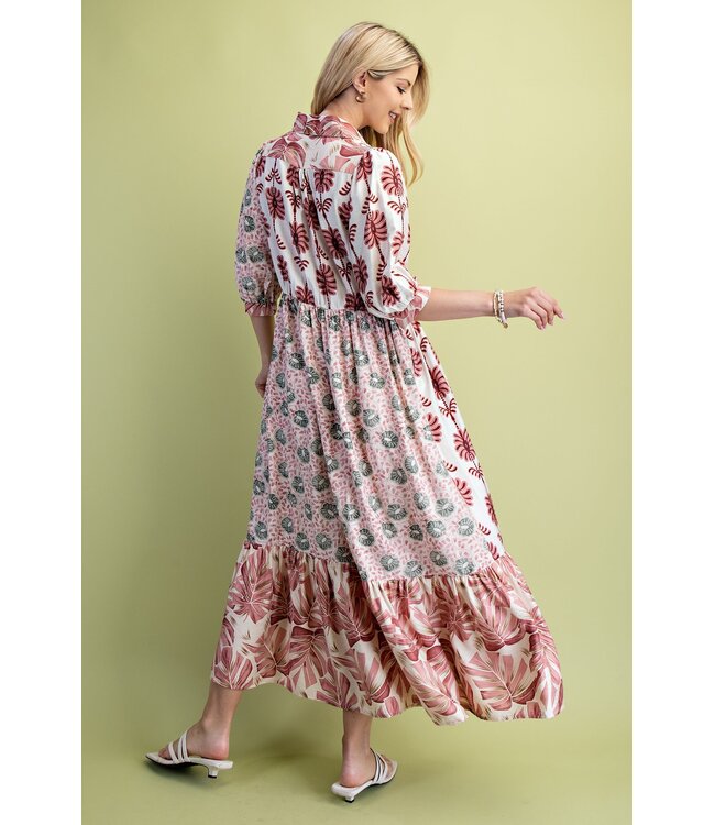 Sarah Pink Mixed Print Midi Dress