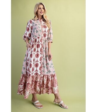 Gigio Sarah Pink Mixed Print Midi Dress