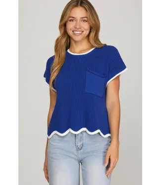 SHE + SKY Jeannie Royal Blue Scallop Sweater Top