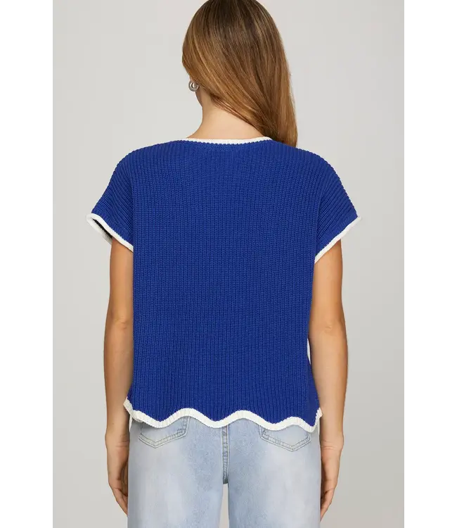 Jeannie Royal Blue Scallop Sweater Top