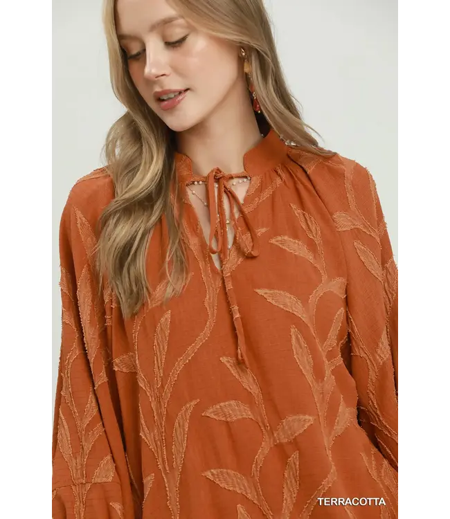 Nancy Terracotta Textured Leaf Jacquard Peasant Top