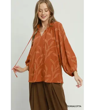 Nancy Terracotta Textured Leaf Jacquard Peasant Top