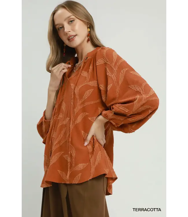 Nancy Terracotta Textured Leaf Jacquard Peasant Top