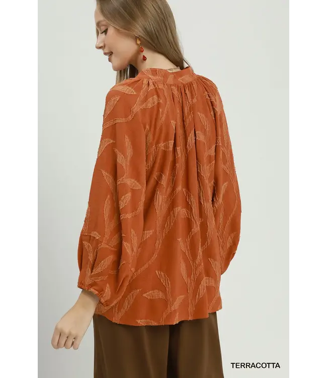 Nancy Terracotta Textured Leaf Jacquard Peasant Top