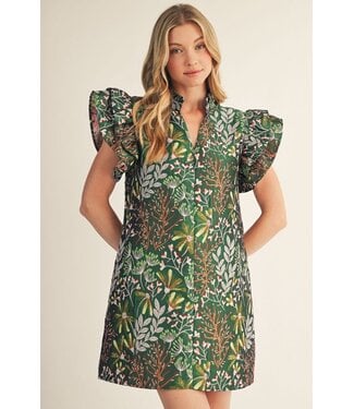 Jodifl Leigh Green Floral Leaf Jacquard Dress